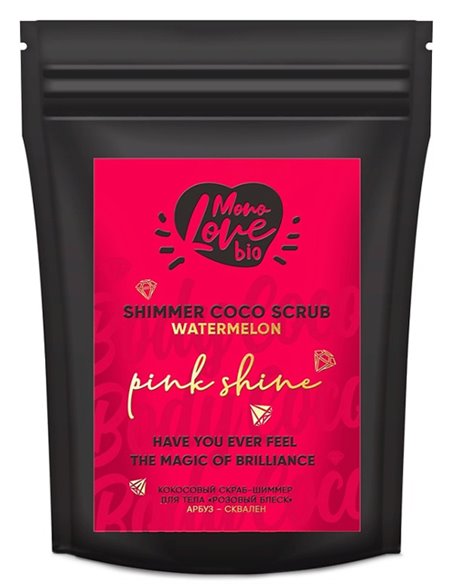 MonoLove bio Сухой кокосовый скраб для тела с шиммером Розовый блеск 150г