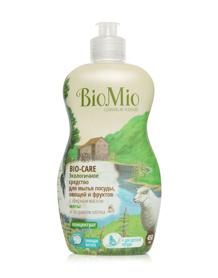 BioMio BIO-CARE ЭКО концентрат для мытья посуды, овощей и фруктов МЯТА, экстракт ХЛОПКА и ионы СЕРЕБРА 450мл